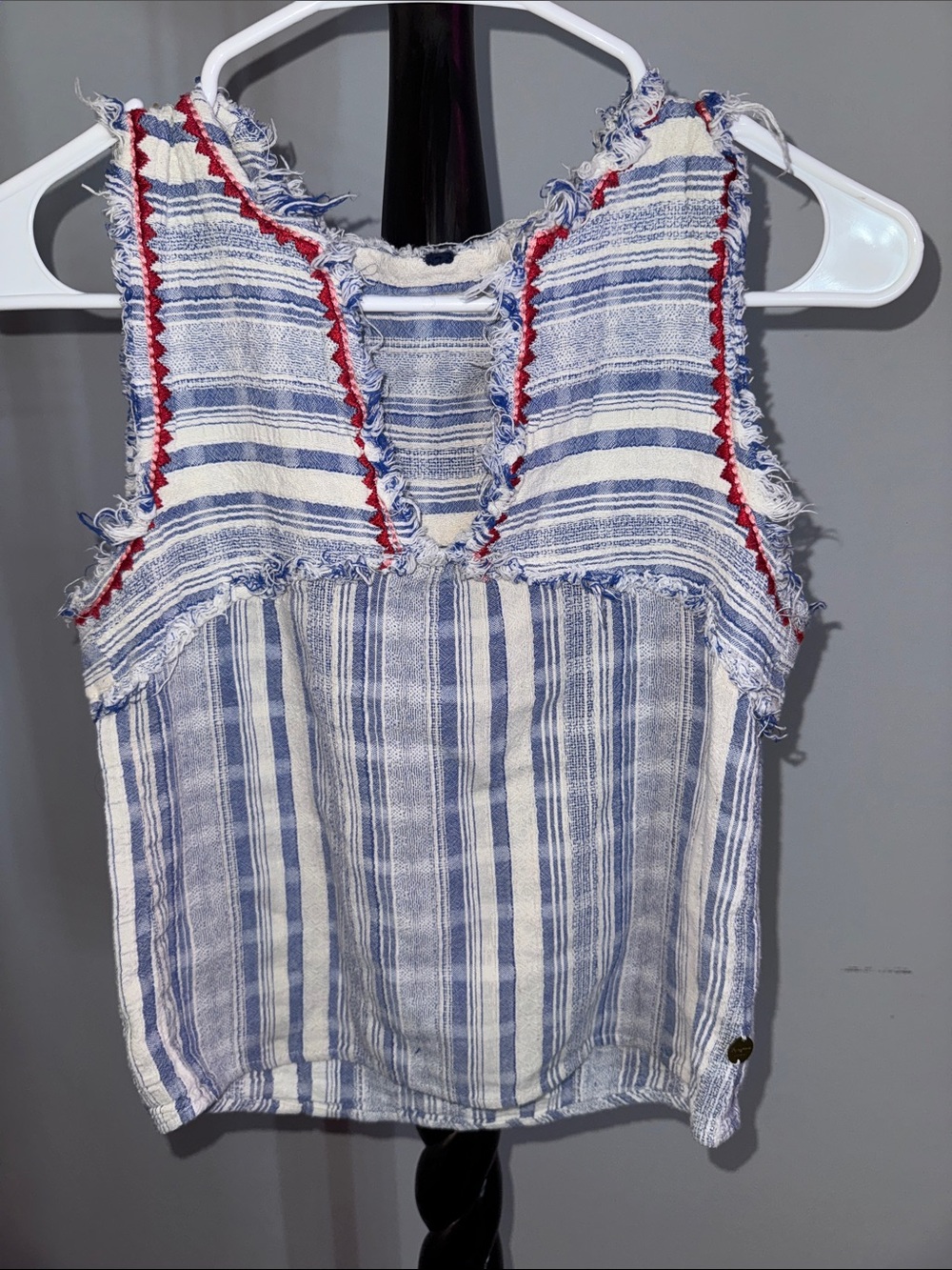 Pepe Jeans Blue, White & Red Striped Frayed V-Neck Tank 31